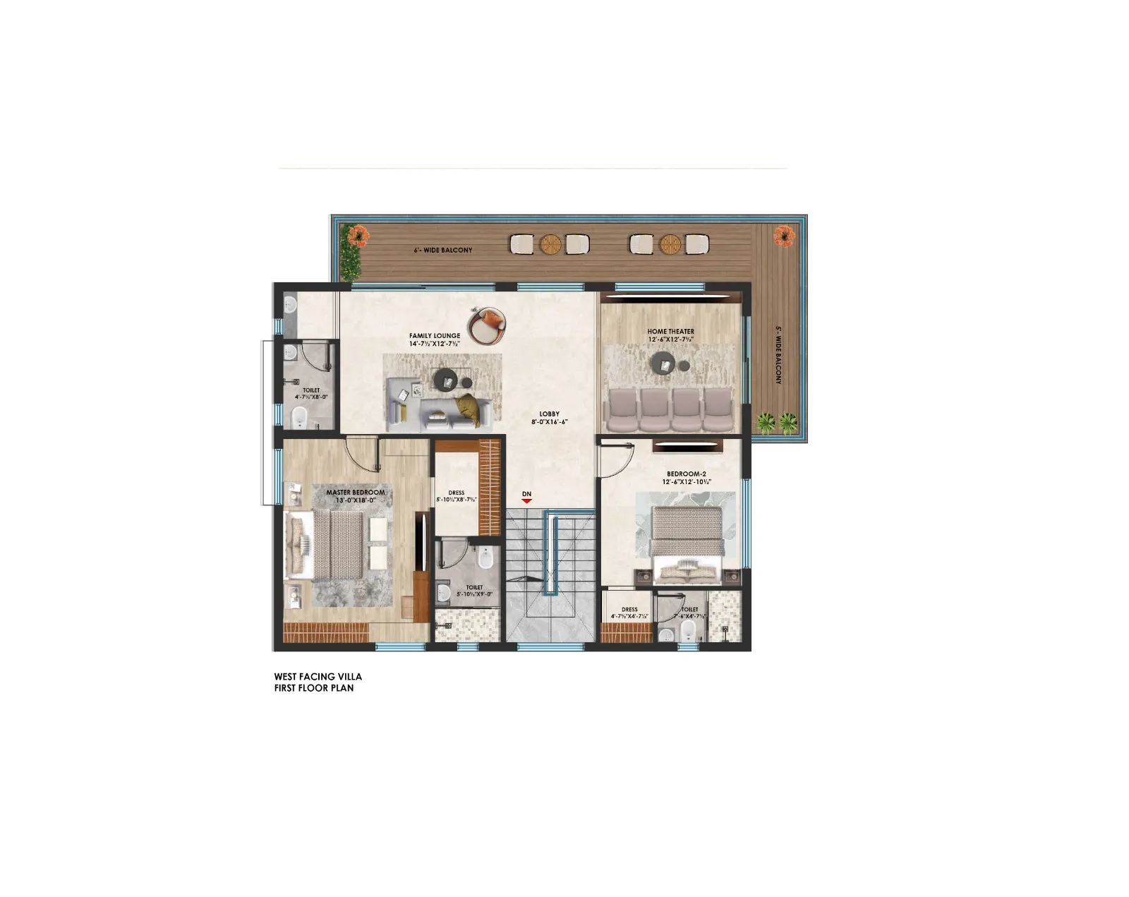 West-facing farm house - 3D first floor plan