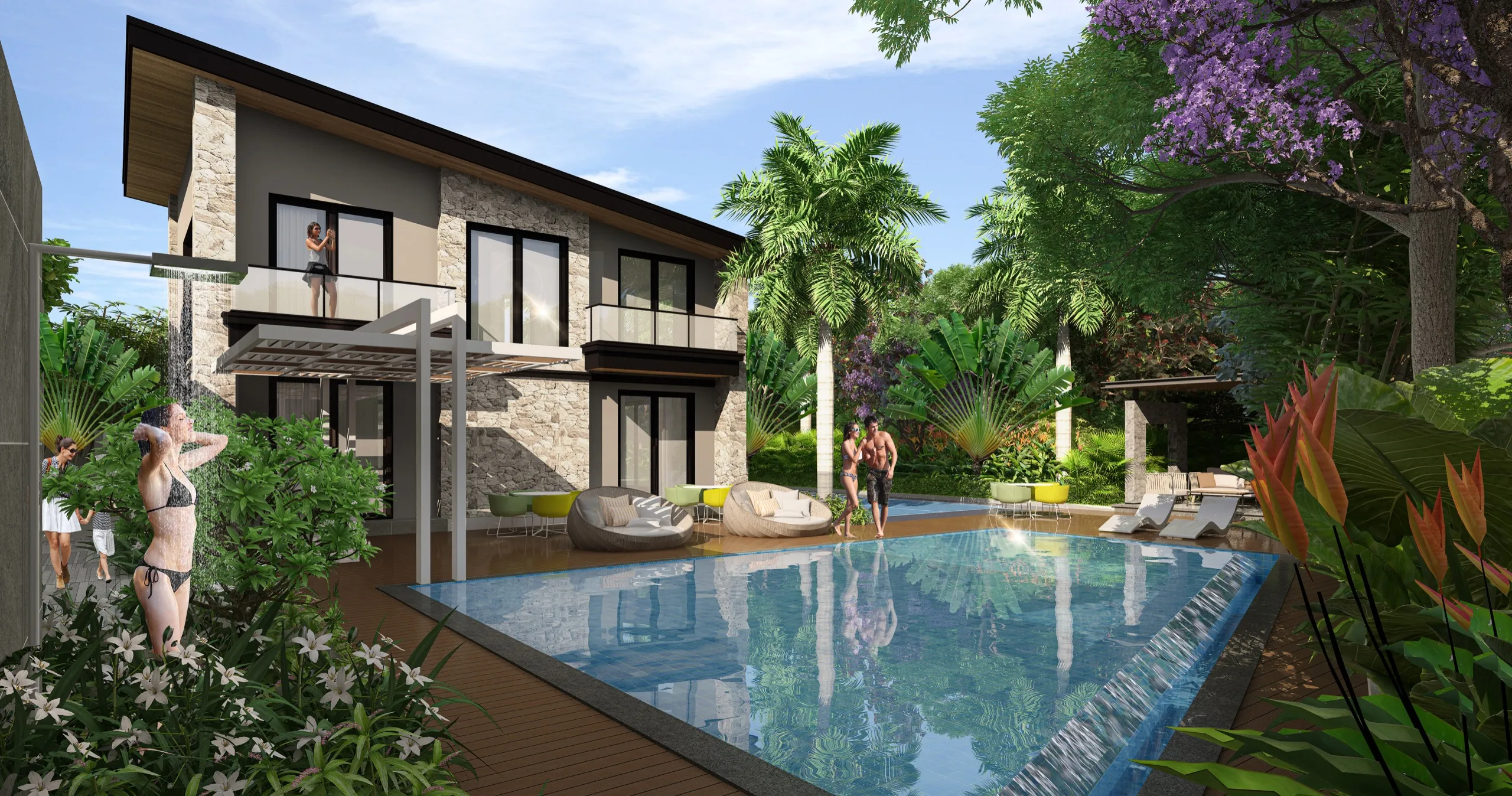 Poolside landscape at Elite 18, shown as an artistic impression